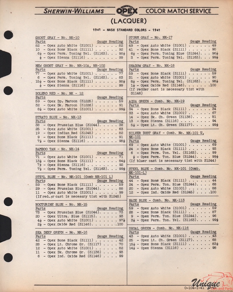 1941 Nash Paint Charts Williams 3